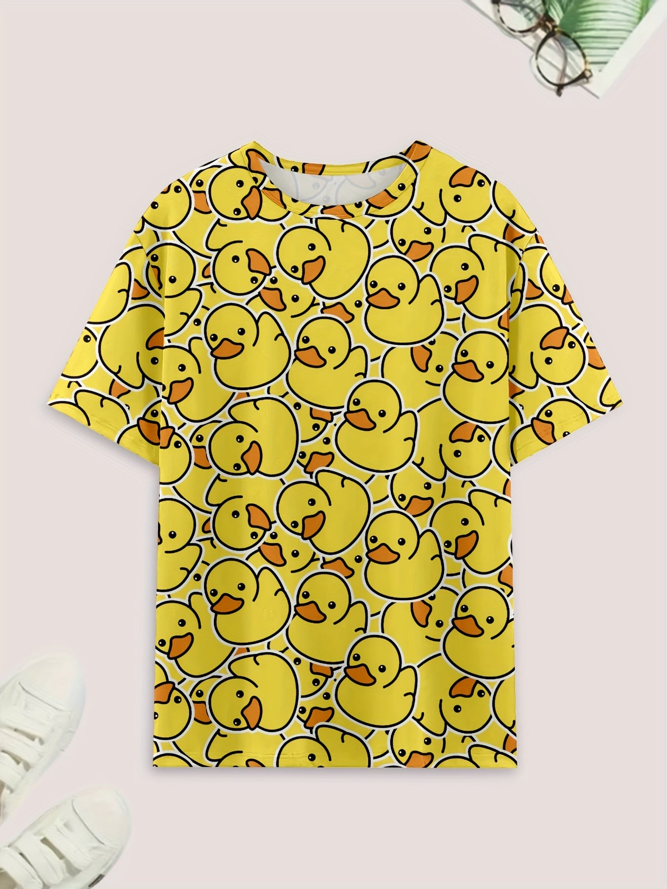 Short Sleeve Duck Print Pajama Set with Crew Neck Top and Shorts