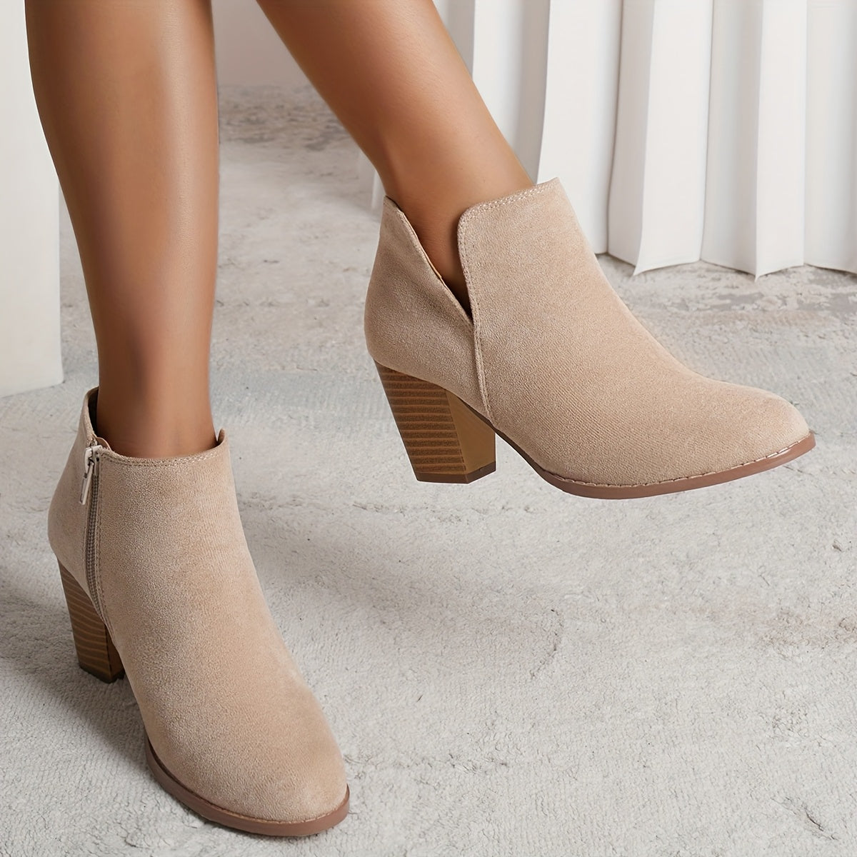 Women's Retro Block Heel Ankle Boots Brown Zipper Casual All-Season