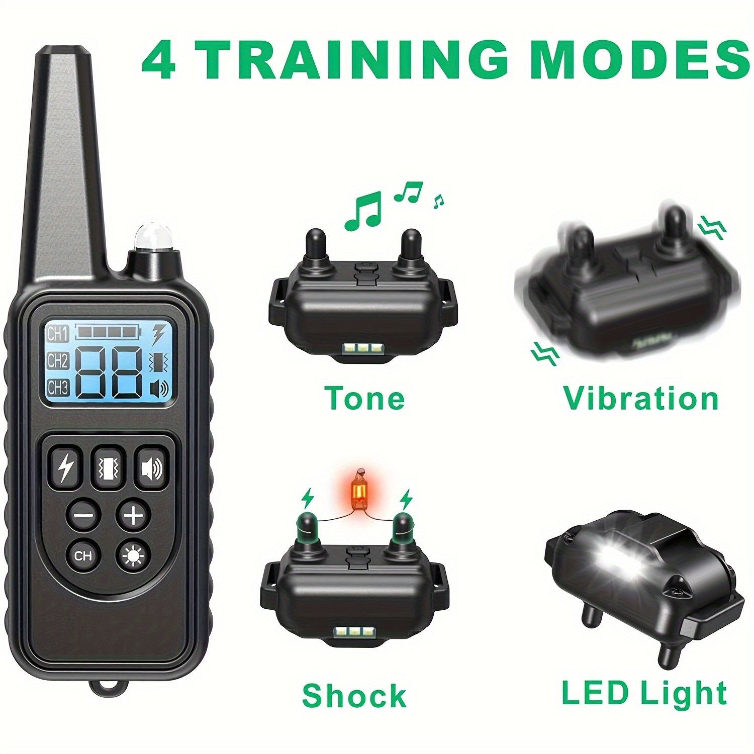 Dog Training Collar with LED Light Beep Vibration Shock Rechargeable for Medium to Large Dogs