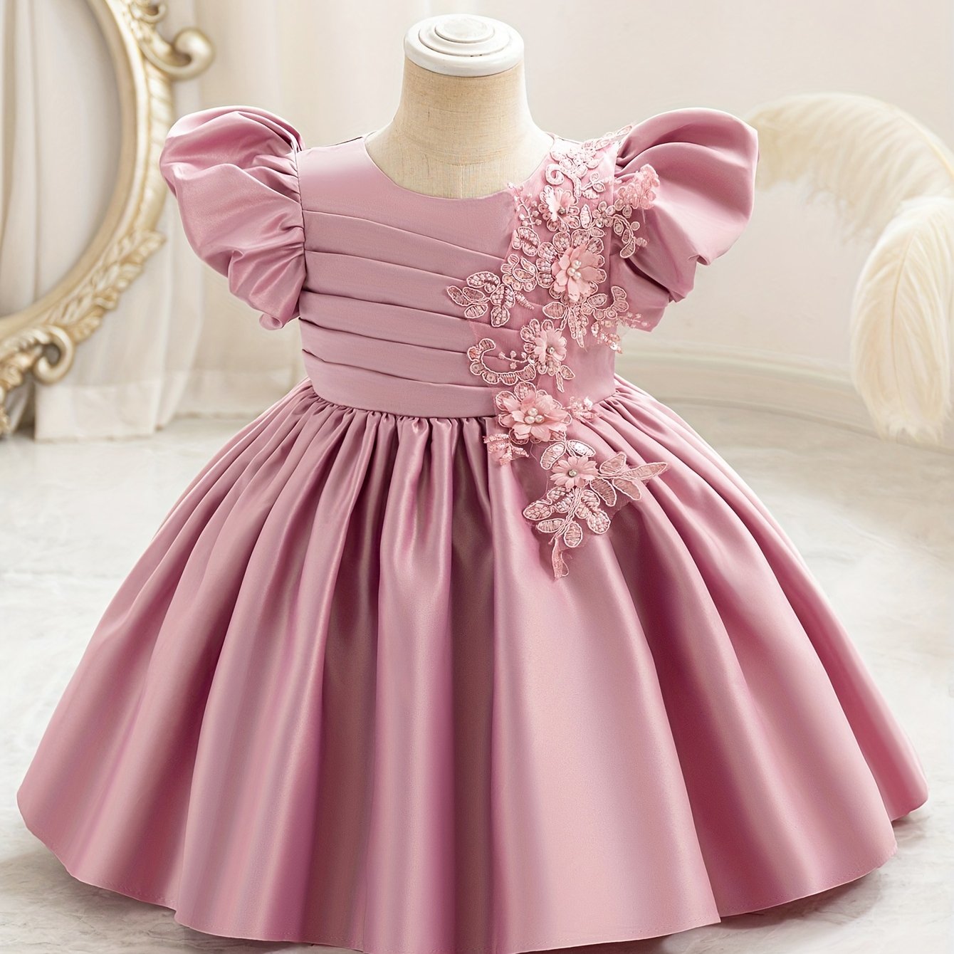 Vestido de princesa para niñas para ocasiones especiales, poliéster viscosa, hasta la rodilla, mangas farol, dobladillo acampanado