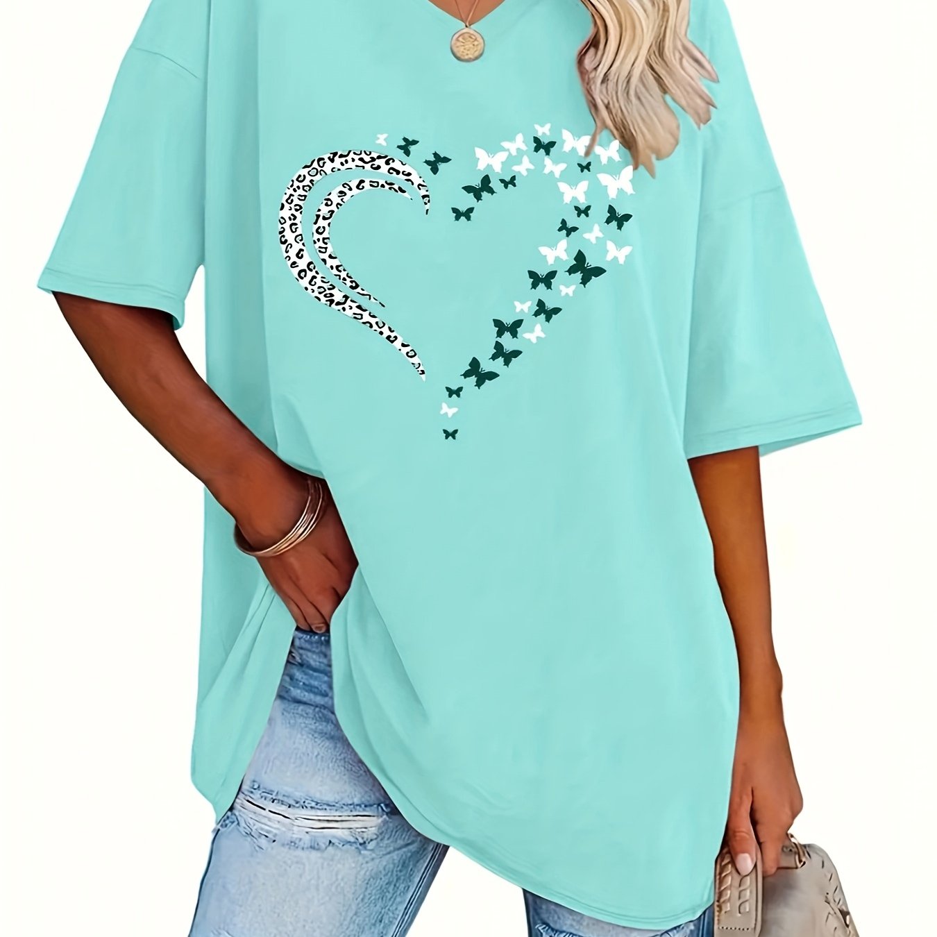 Women V-Neck Short Sleeve Loose T-Shirt Top for Spring Summer