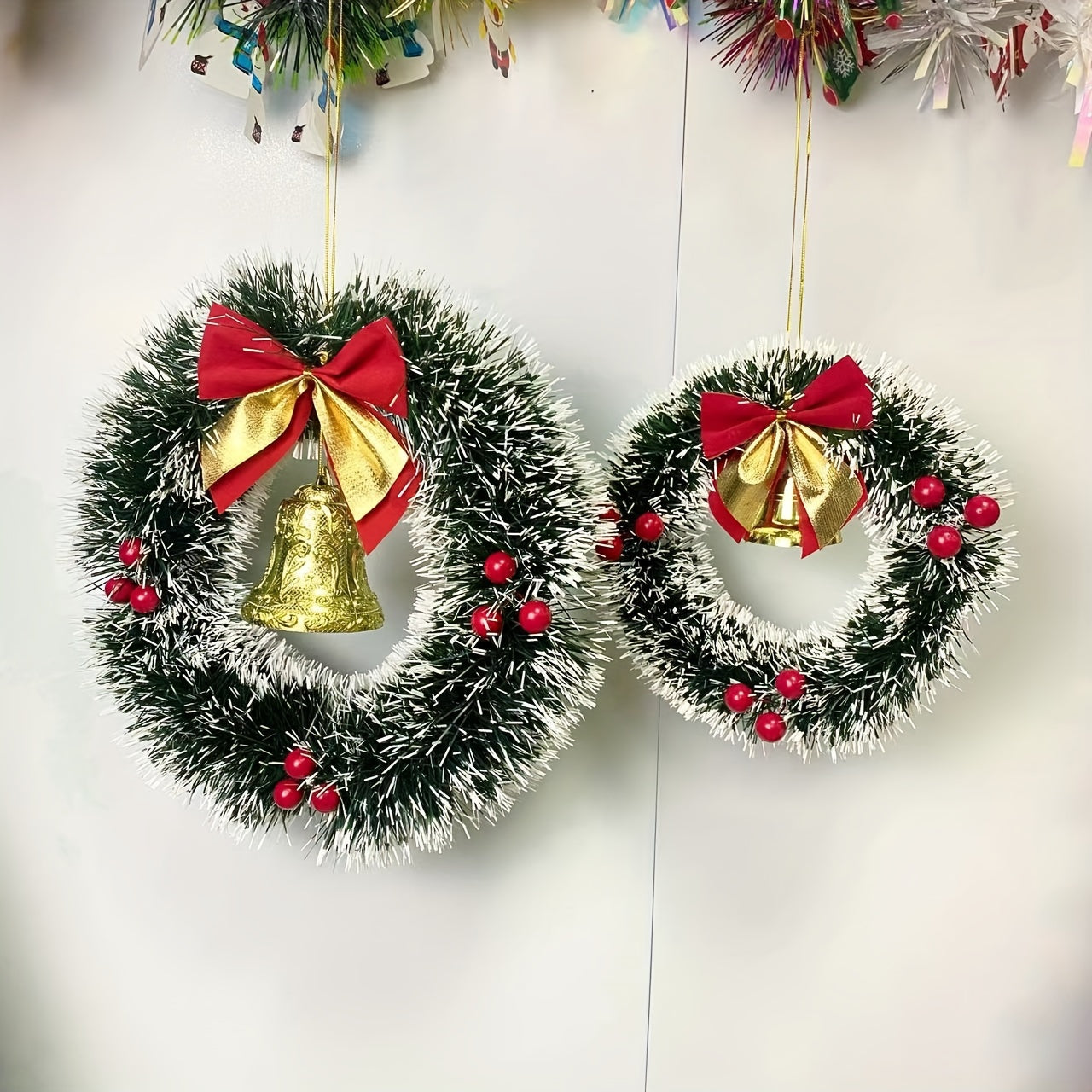 20/30cm Christmas Garland Dark Green White Edge Bells Red Fruit Bow