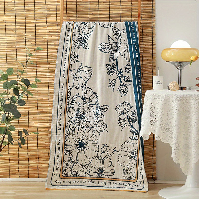 Cotton Gauze Bath Towel with Floral Pattern Soft Absorbent Machine Washable