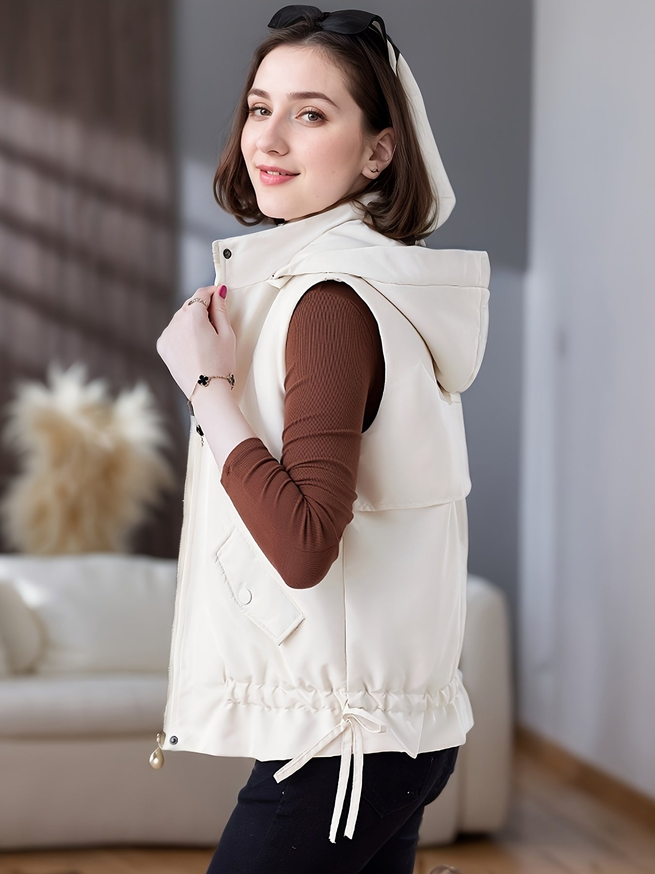 Women's Beige Hooded Puffer Vest Casual Warmth Polyester Lined