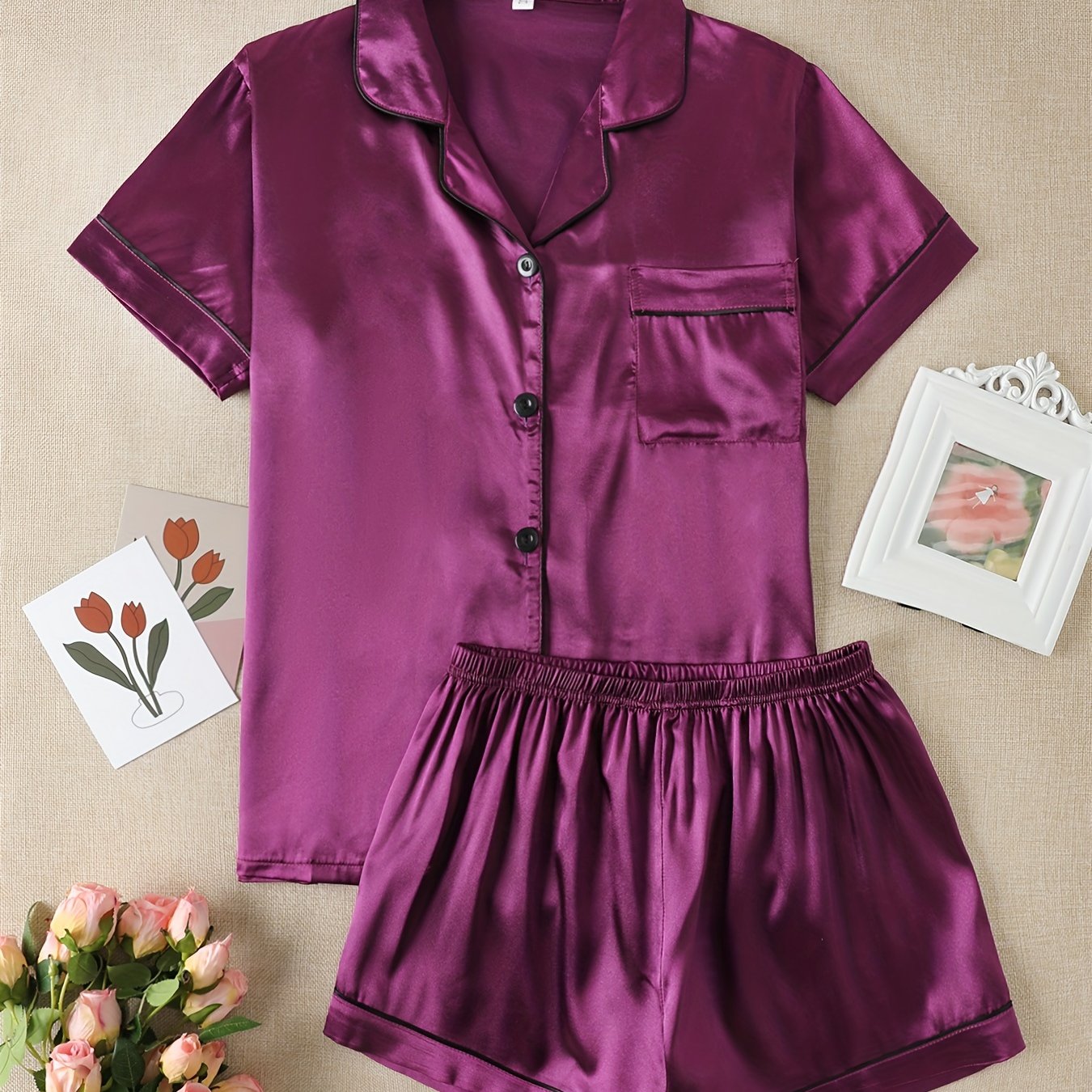 Women's Satin Lounge Set Short Sleeve Button-Up Top with Lapel Collar and Elastic Shorts