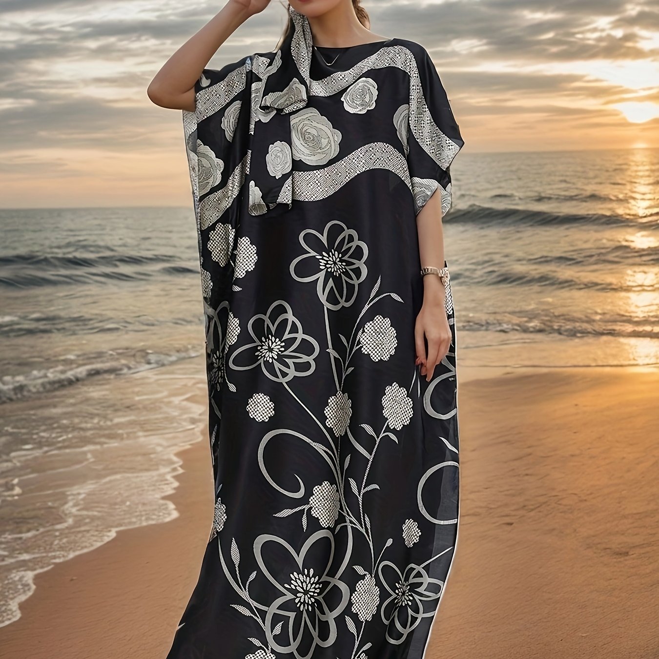 Vestido largo geométrico floral en negro y blanco para mujer, ajuste suelto, manga corta, para la playa
