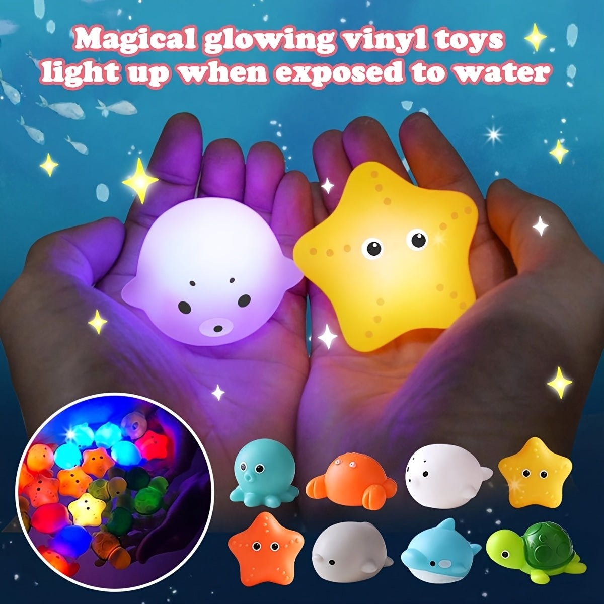 Colorful Glow-in-the-Dark Bath Toy Set of Luminous Ocean Animals Made of PVC for Kids