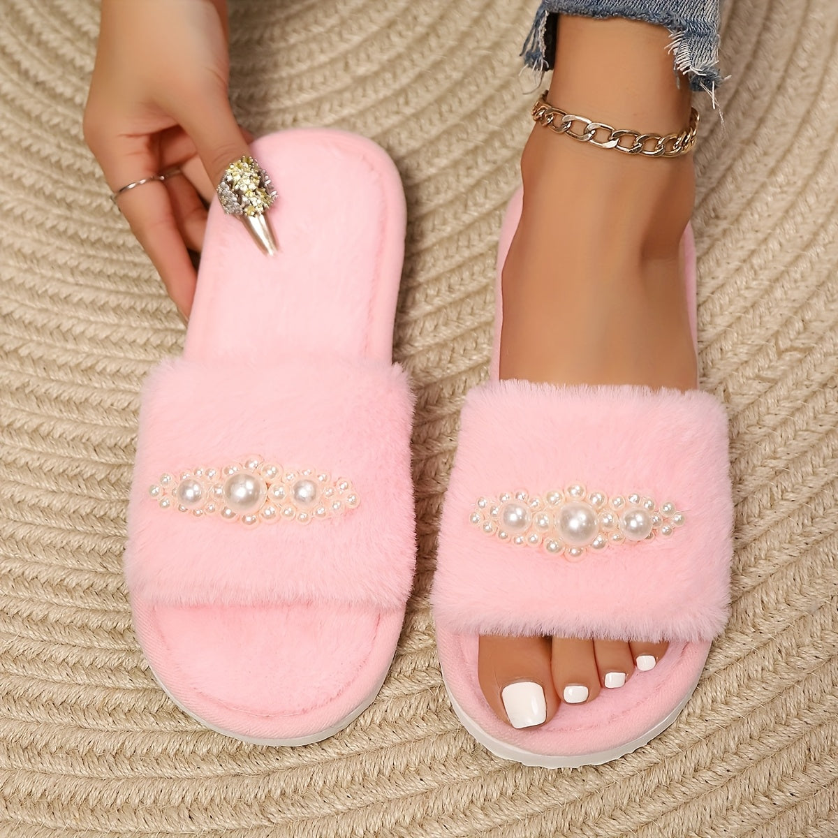 Ayollar uchun sun’iy mo‘'ynali yopiladigan uy ichki chiroqlar, tormozsiz EVA taglik bilan