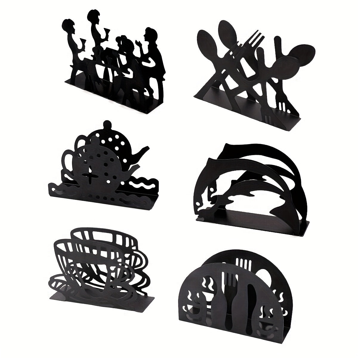 Creative Cast Iron Napkin Holder with Cartoon Teapot Whale and Cutlery Silhouettes