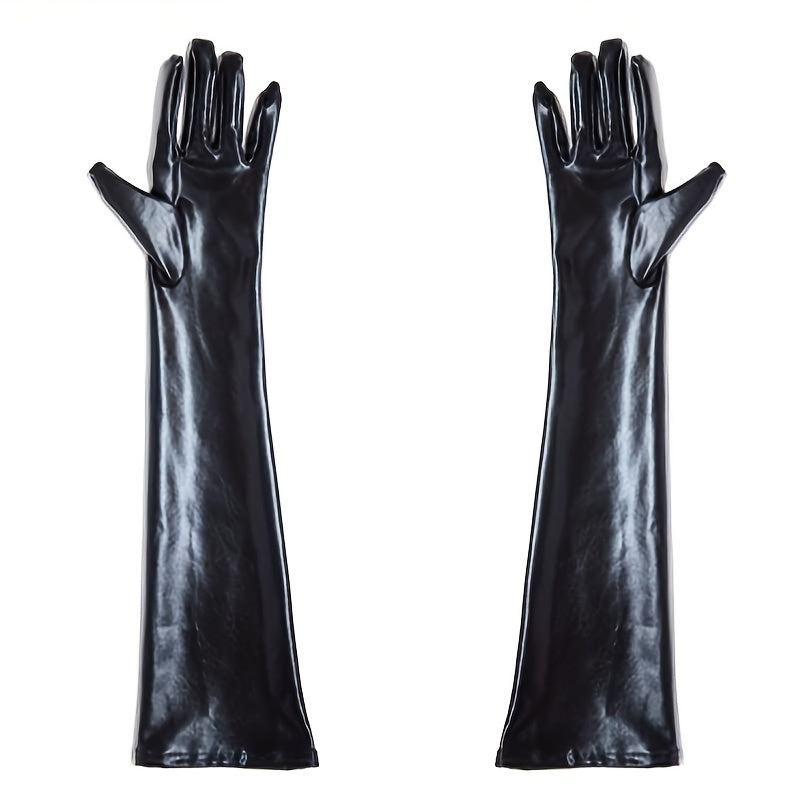 Ayollar uchun uzun qora faux charm qo‘lqoplar, zamonaviy kechki chiqish kiyimlari uchun aksessuar