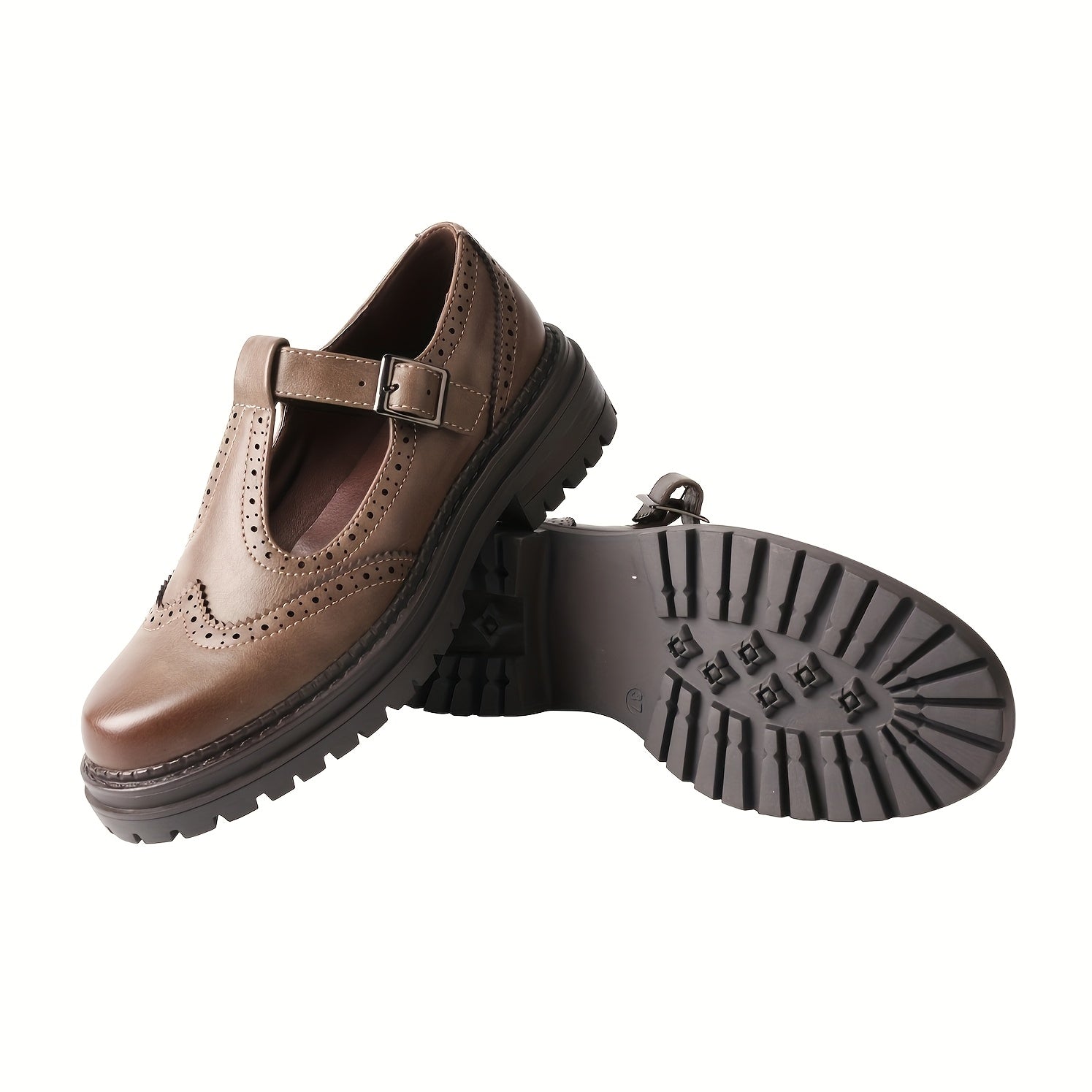 Men Brown Leather Brogue Oxford Shoes Casual Loafers with Buckle