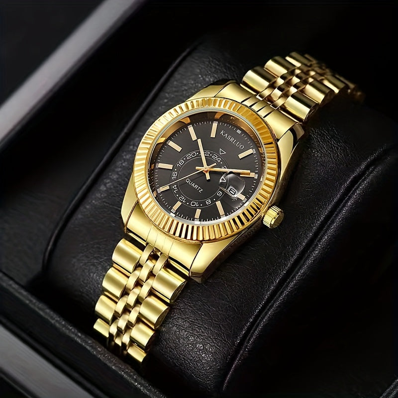 Women's Gold-Tone Quartz Watch with Date Display Roman Numerals Alloy Case Stainless Steel Band