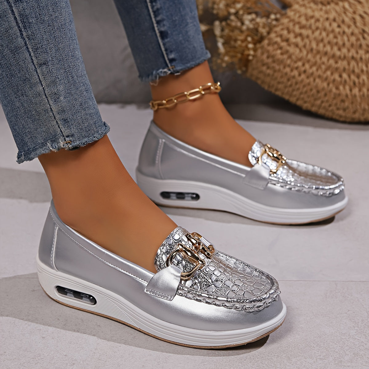 Women Glitter Loafers Leather Casual Sneakers Metallic Silver Gold Black