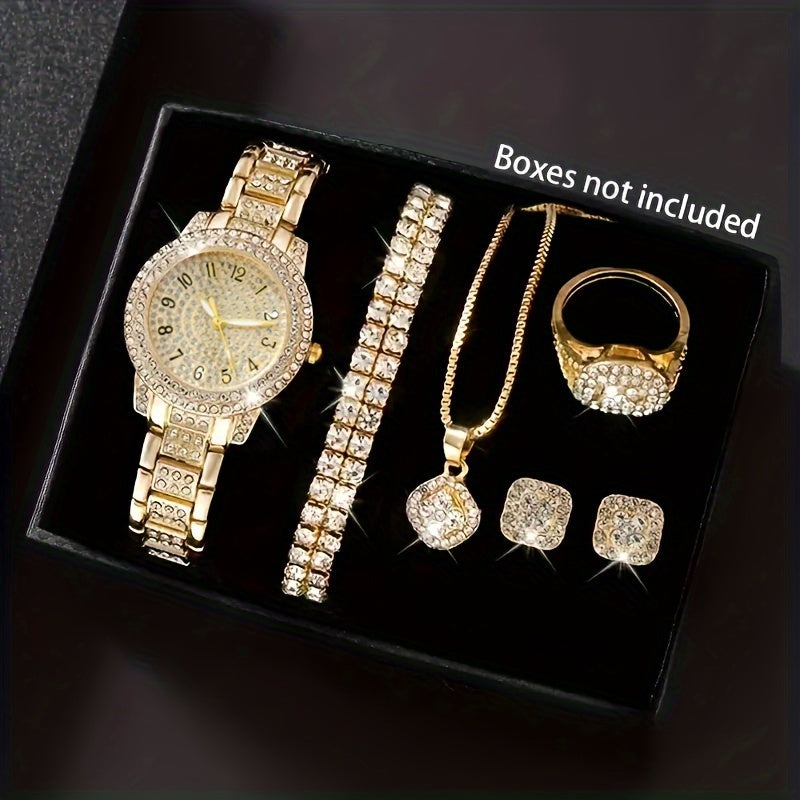 Women's Gold Quartz Watch Jewelry Set with Minimalist Wristwatch Necklace Bracelet Ring Earrings