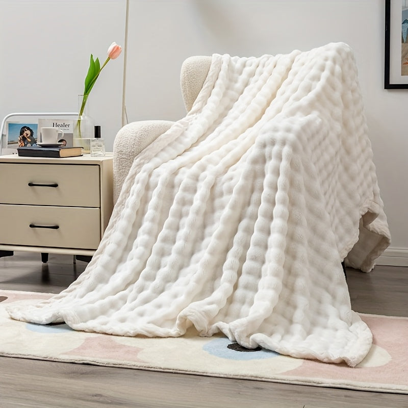 White Bubble Fleece Blanket 100% Polyester All-Season Cozy Throw for Living Room Bedroom Camping