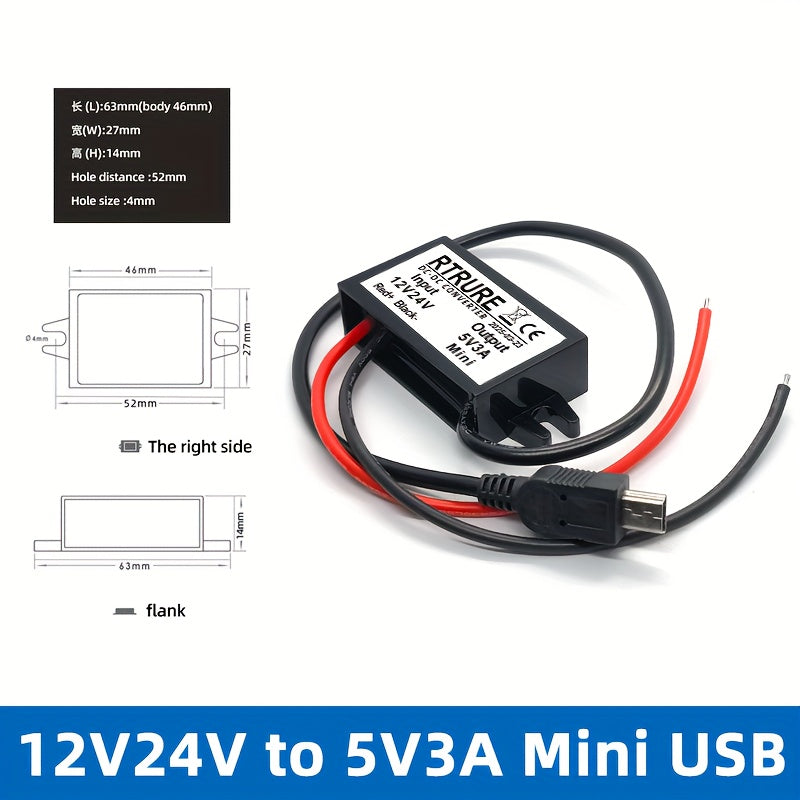 Adaptador de corriente para coche DC Convierte 12V/24V a 5V 3A Cargador de coche USB-C Micro USB