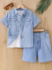 Boy's Summer Denim Outfit Short Sleeve Shirt Ripped Shorts Cotton Blend