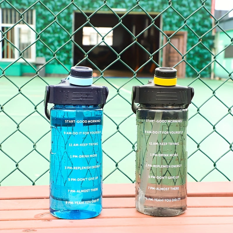 Katta shaffof plastik suv idishi, turli faoliyatlar uchun motivatsion sport dizayni bilan - lagerda, piyoda sayr qilishda, fitnesda va uyda foydalanish uchun. Tug'ilgan kun uchun mukammal sovg'a. 1100ml, 1500ml, 2000ml va 3000ml o'lchamlarida mavjud.