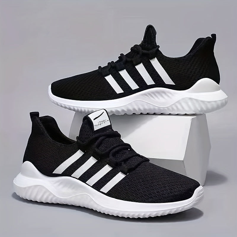 Unisex Striped Breathable Fabric Lace-Up Sneakers for Casual Sports All-Season