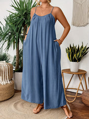 Plus Size Women's Light Blue Wide Leg Jumpsuit with Pockets