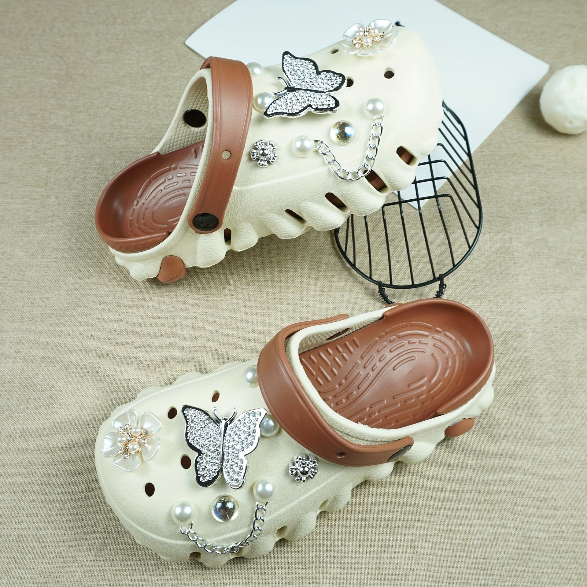 Women's Color-Block EVA Clogs with Rhinestone Butterfly and Flower Charms