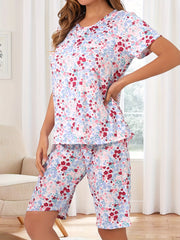 Women's Floral Print 2-Piece Pajama Set with Crew Neck Top and Shorts for Summer