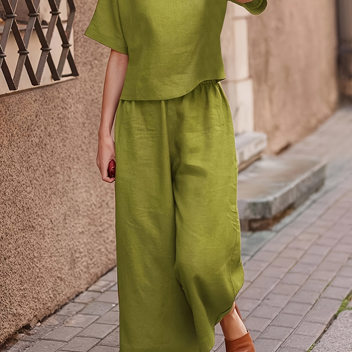Women's Casual Solid Polyester Crew Neck T-Shirt and Wide Leg Pants Set