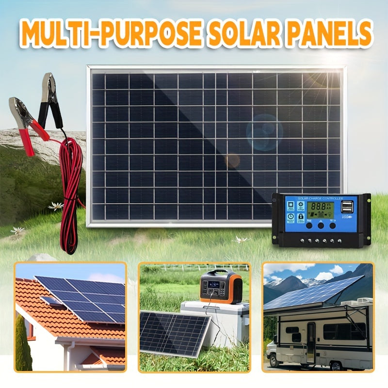 Portable Solar Panel Kit with Controller, Multiple Voltage Outputs and USB Charger for Camping Hiking RV Security Cameras
