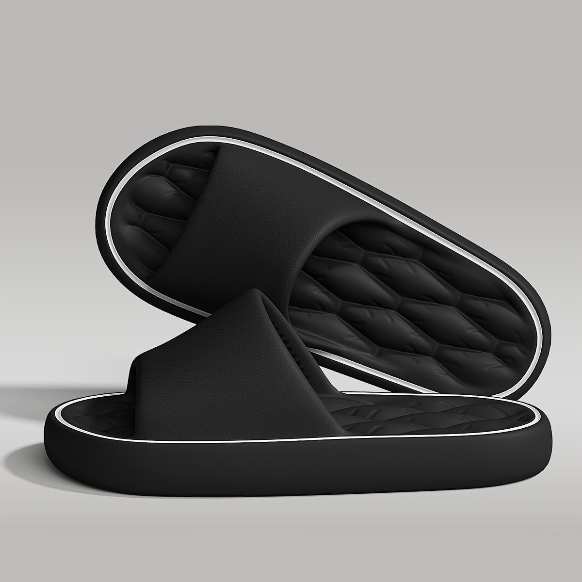 Erkaklar uchun 48-49 o'lchamdagi chiziqli slip-on uy poyabzallari, sirpanmaydigan taglik bilan, uyda yoki dushda foydalanish uchun mukammal.