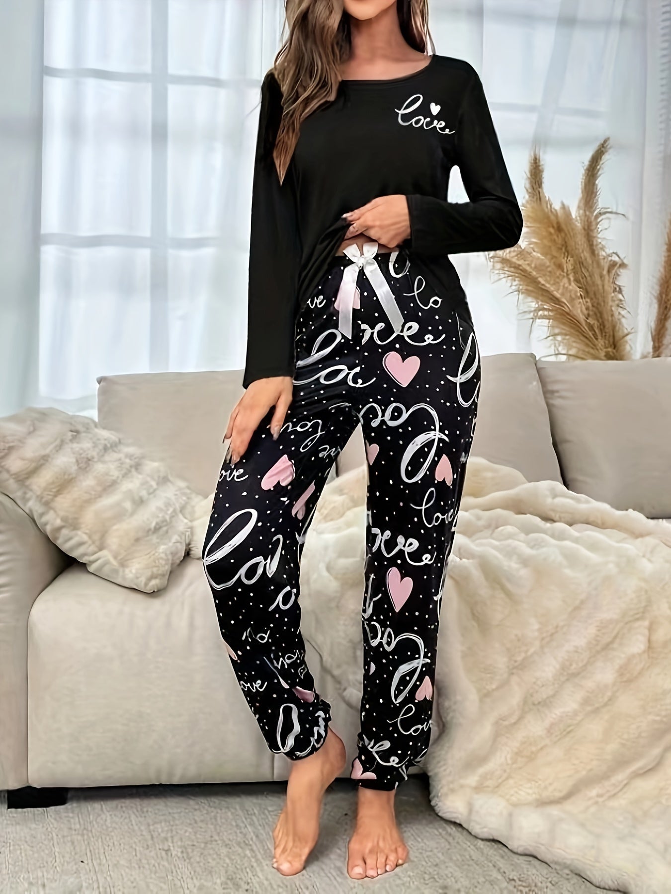 Women's Alphabet Print Long Sleeve Pajama Set Polyester Elastane Casual Sleepwear for Spring Fall