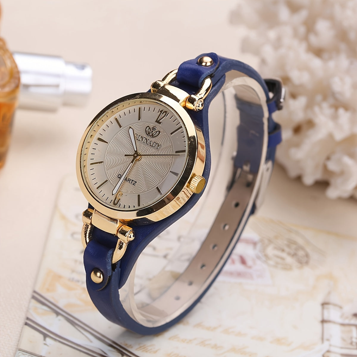 Women's Quartz Watch with Black Faux Leather Strap and Gold Accents Elegant Analog Wristwatch