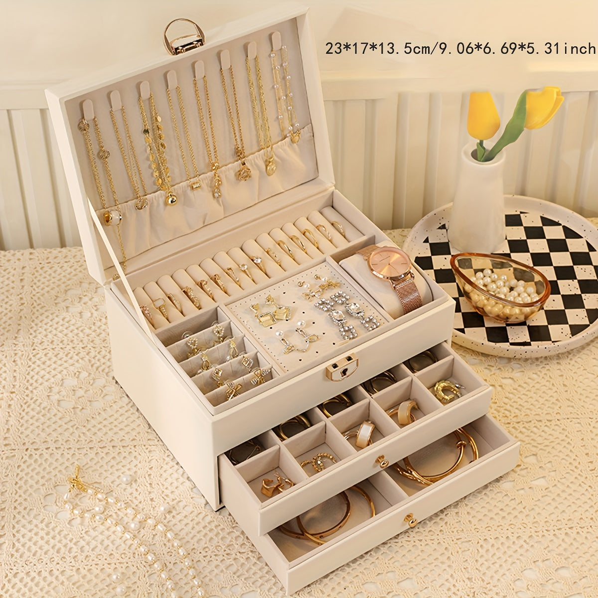 Organizador de joyería de cuero sintético con 3 capas para almacenamiento de accesorios, regalo