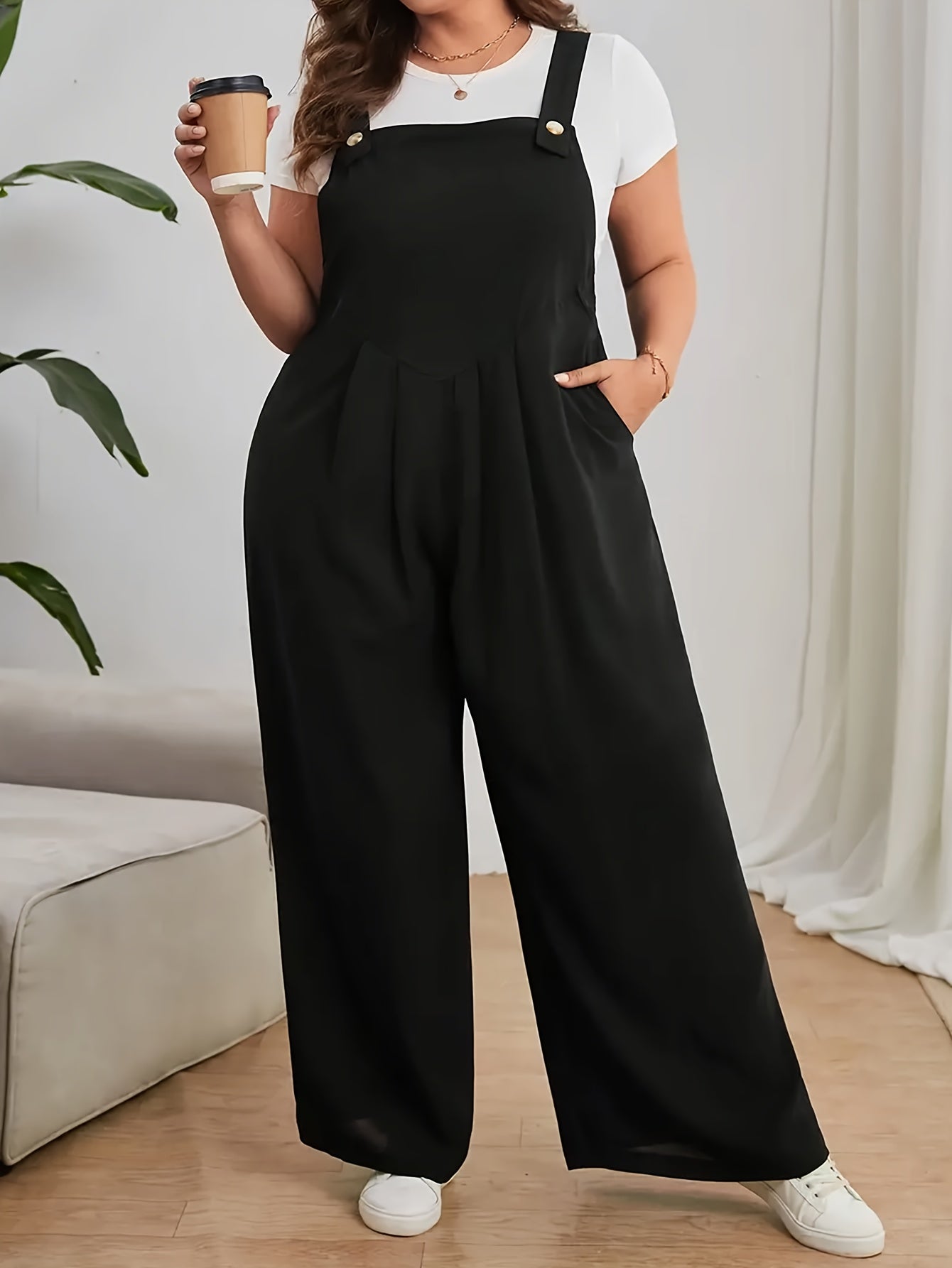 Pantalones de mono para mujer talla grande con bolsillos, tirantes ajustables y piernas anchas