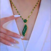 Women's Imitation Jade Emerald Necklace with Gold-Tone Bamboo Pendant