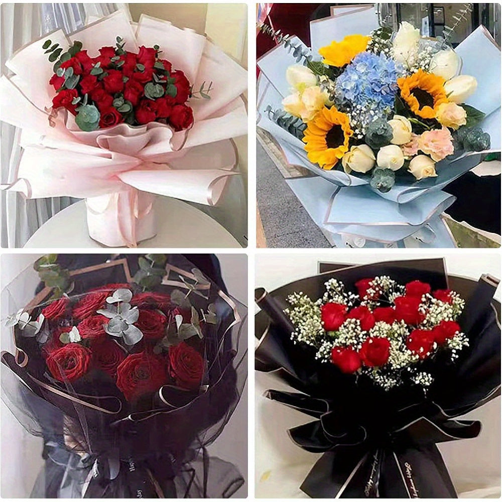 Assorted Flower Wrapping Paper Set with Gold Border and Korean Mesh for Bouquets and Gifts