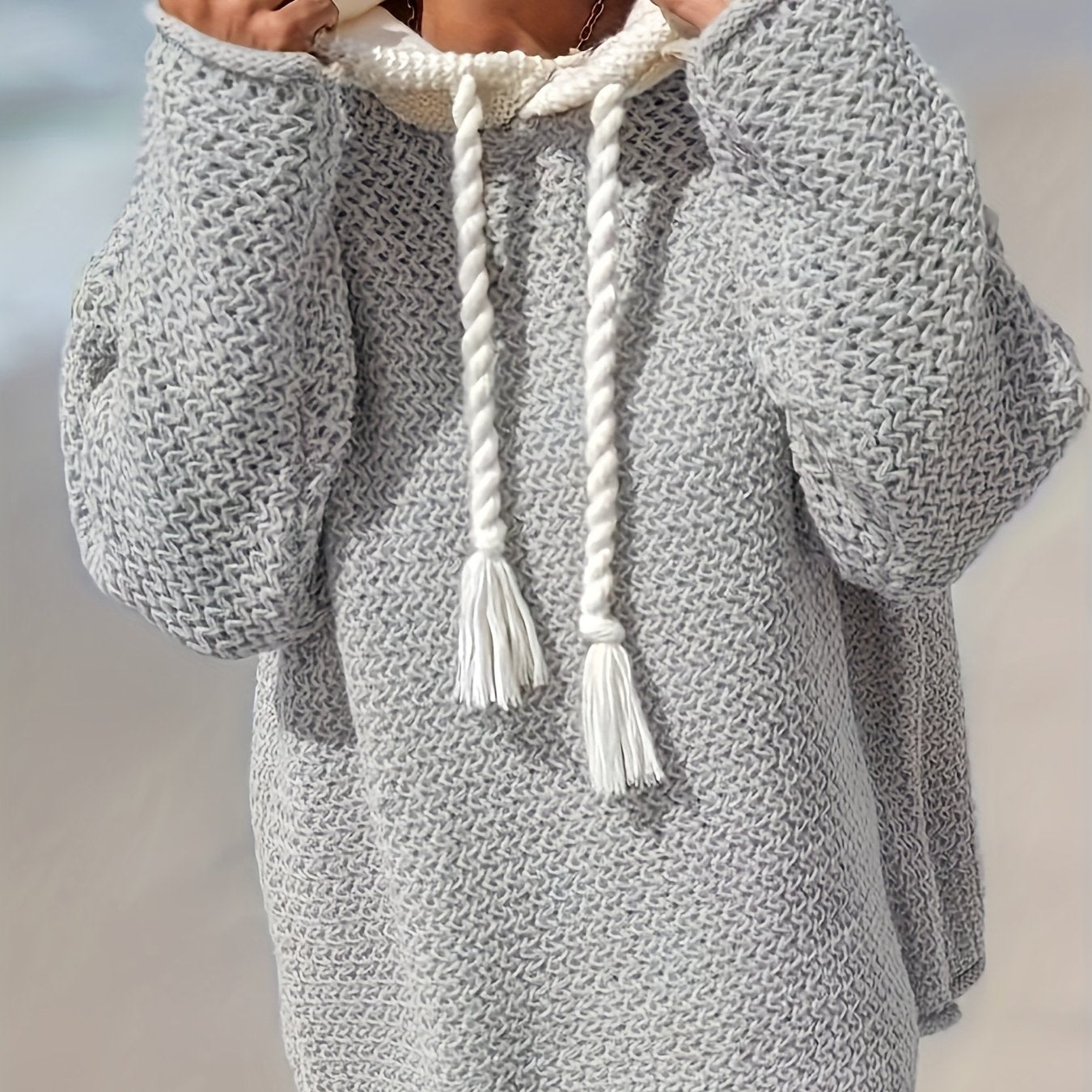 Plus Size Women's Beige Hooded Sweater with Tassel Detail Long Sleeve Pullover for Fall Winter