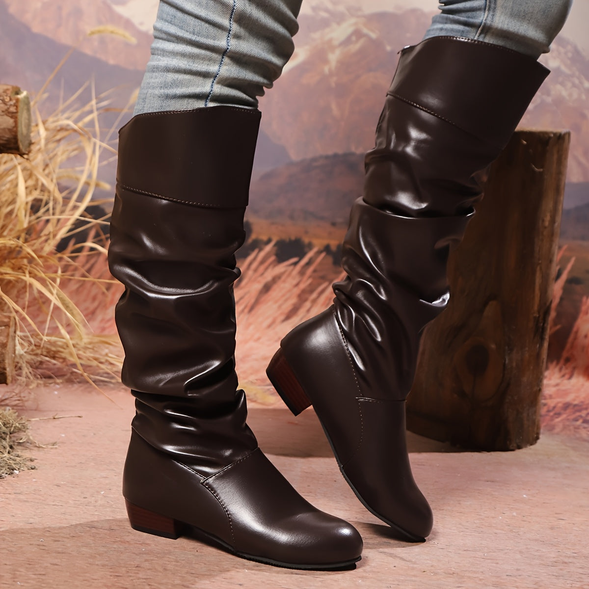 Women's Solid Color Chunky Heel Knee High Boots Slip-On Dress Shoes