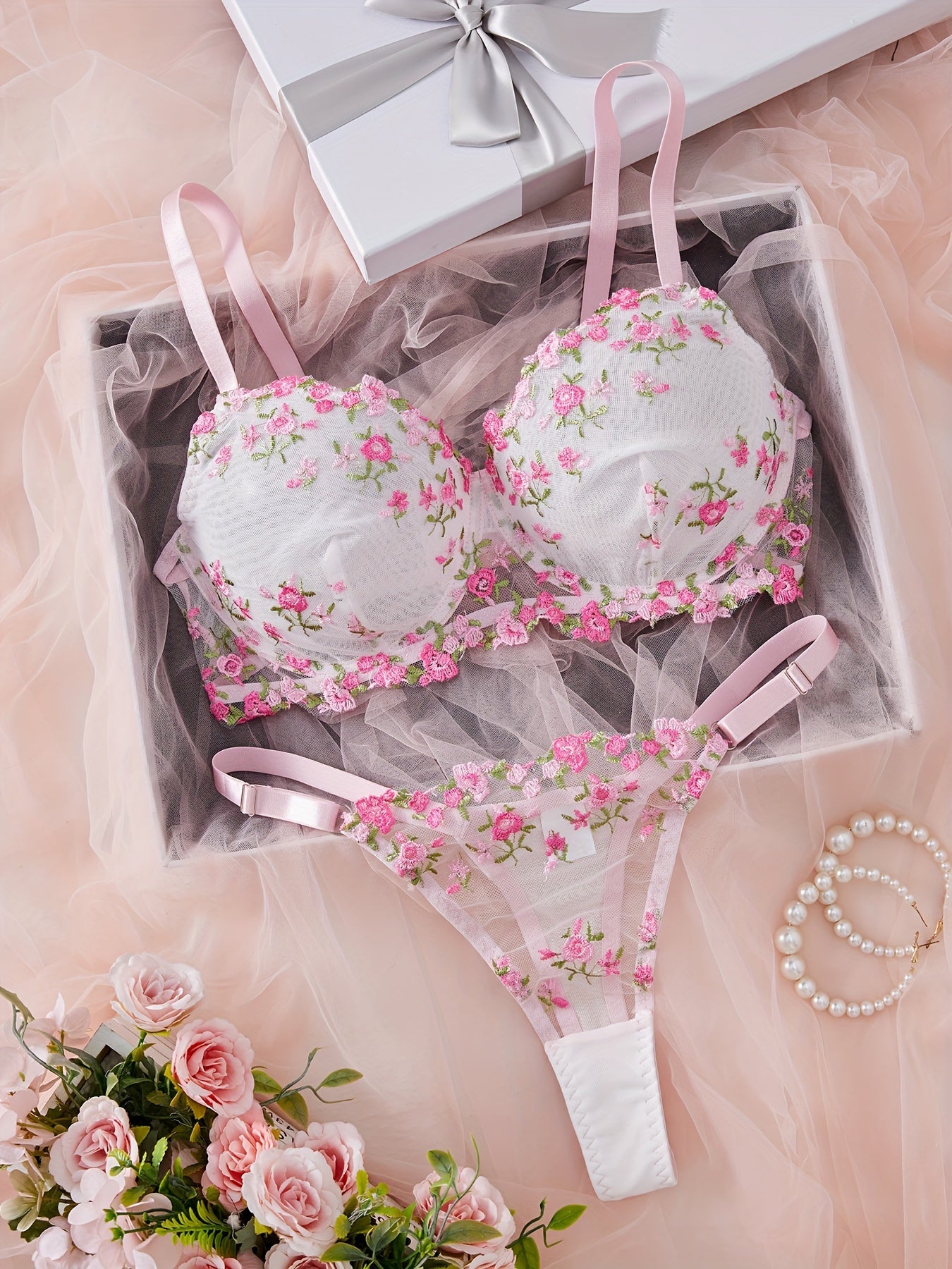 Adult Women's Floral Lingerie Set Polyester Blend Semi-Sheer with Stretch