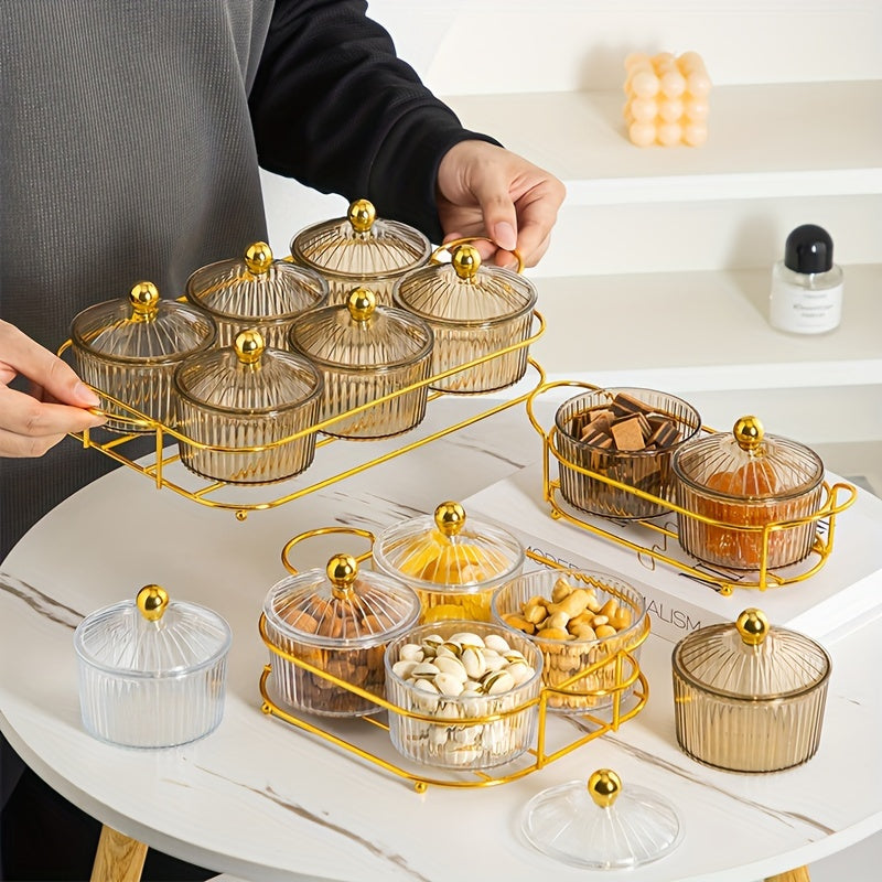 Elegant Plastic Snack Serving Set with Lids on Gold Tray for Dried Fruits and Candies