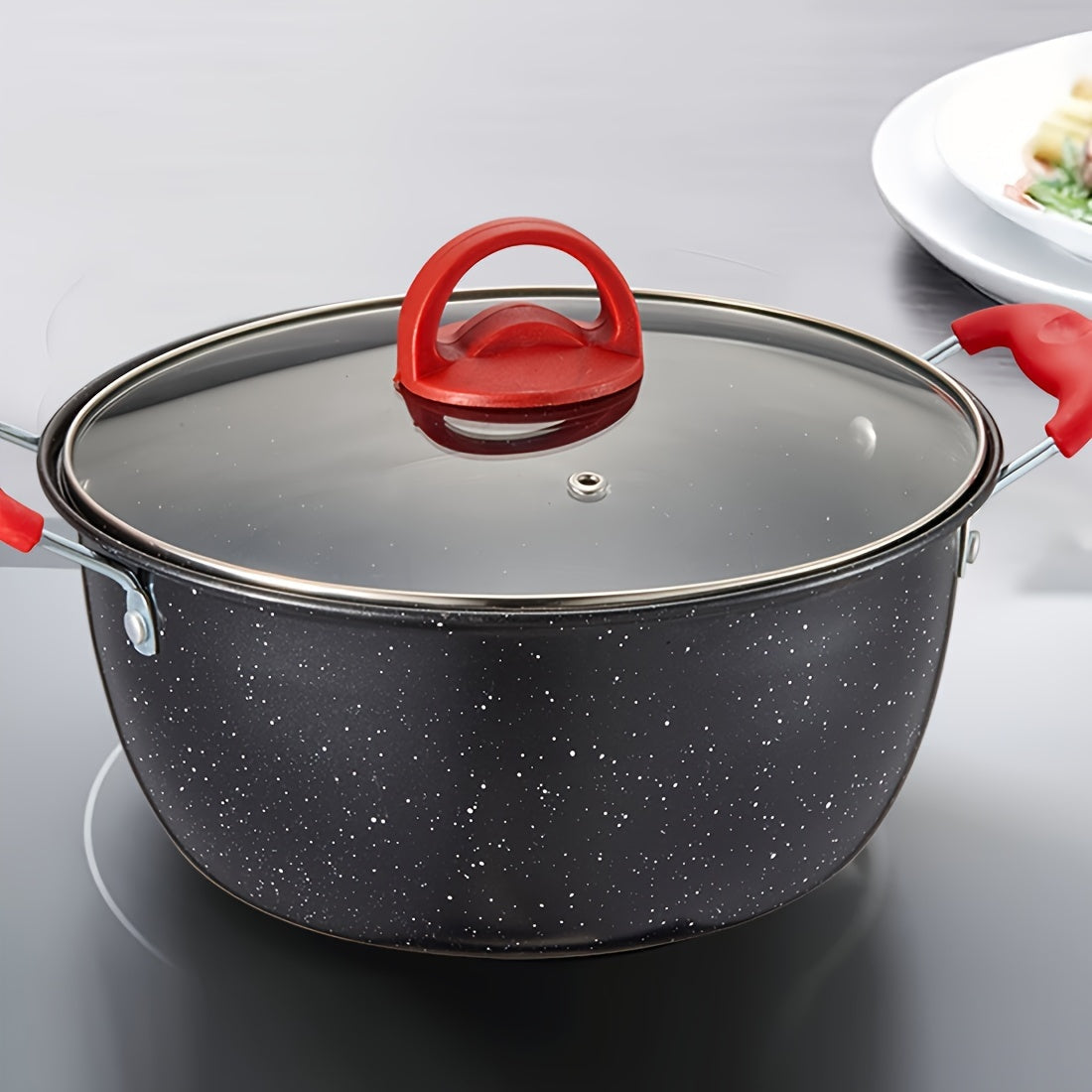 Multi-Functional Soup Pot Non-Stick Coating with Lid for Gas and Induction Stoves Red and Black