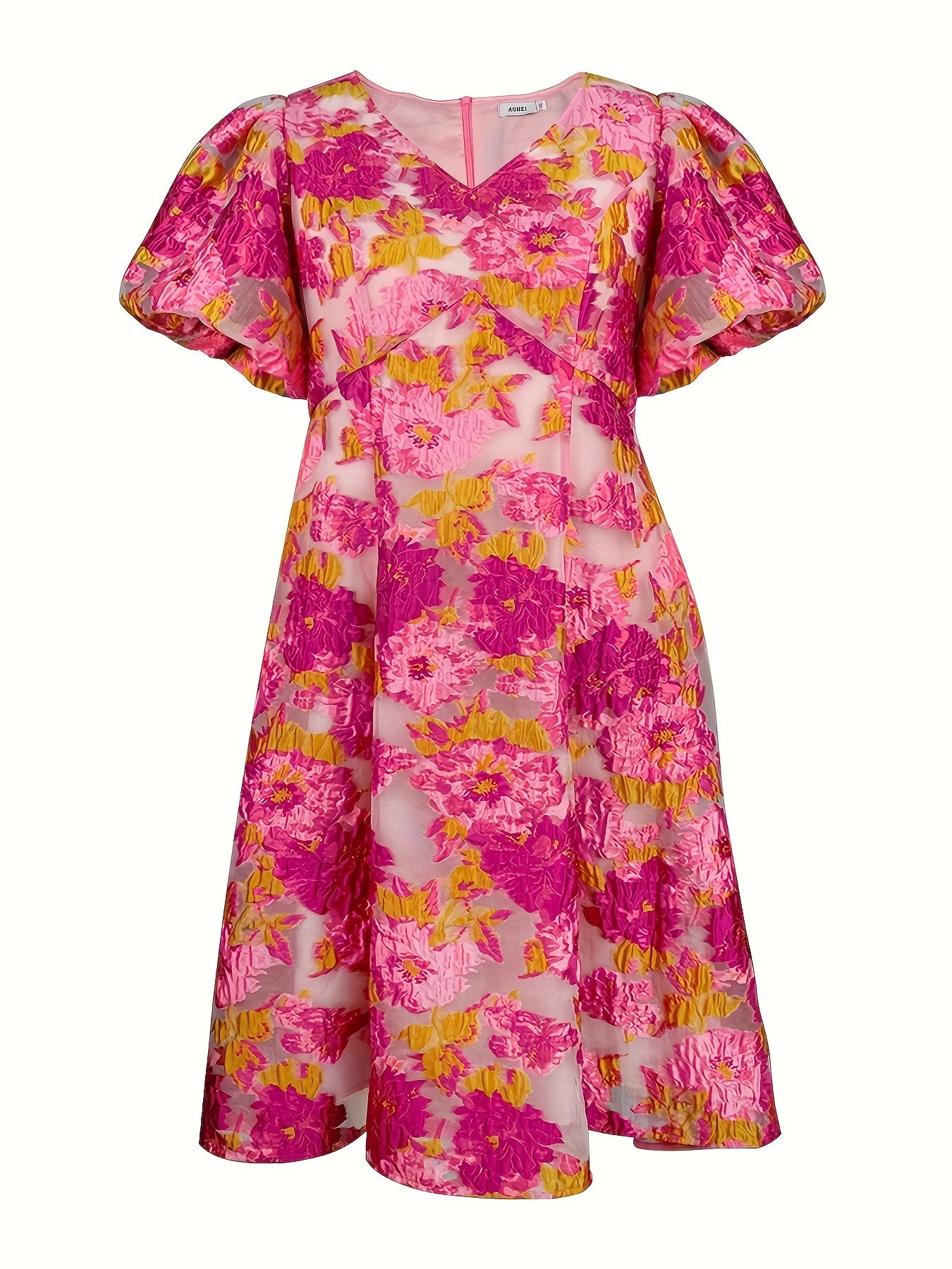Women's Bohemian Floral Midi Dress V-Neck Puff Sleeve Party Wedding