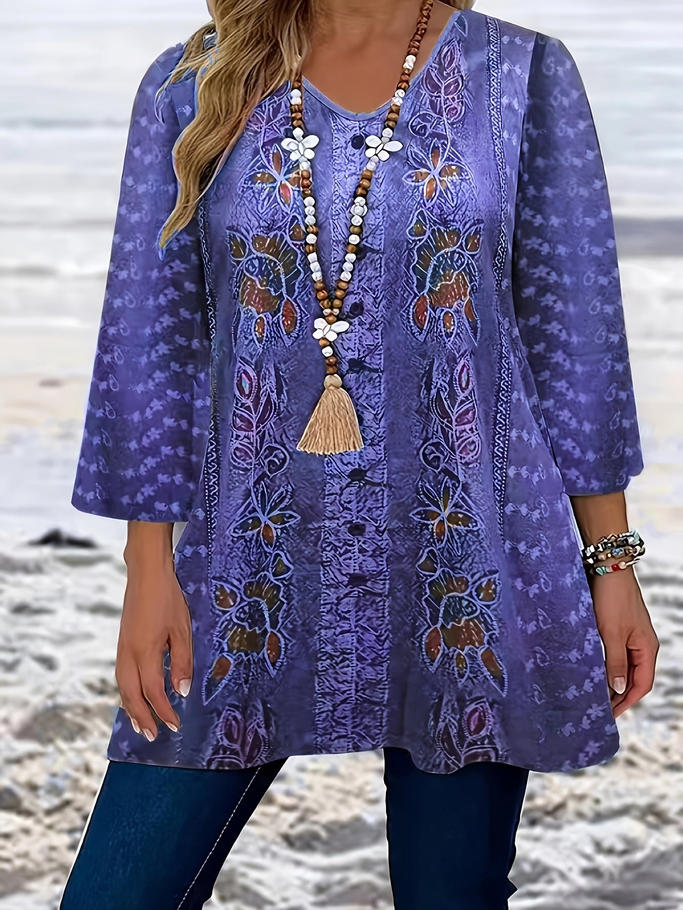 Women's Boho Chic V-Neck Tunic Top Long Sleeve Floral Print Plus Size