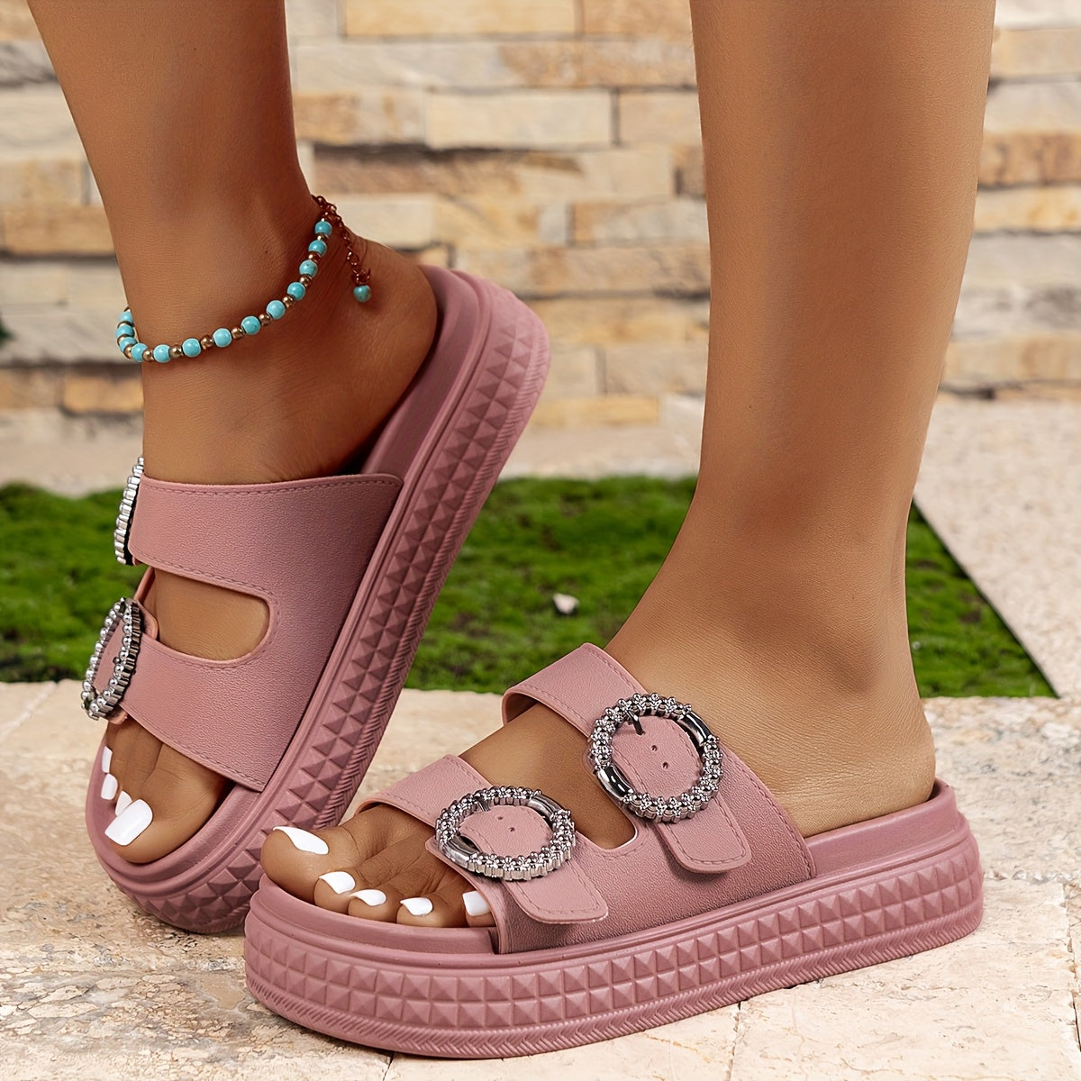 Women's Beige Black Pink Platform Sandals Slip-On Open-Toe Summer Beach