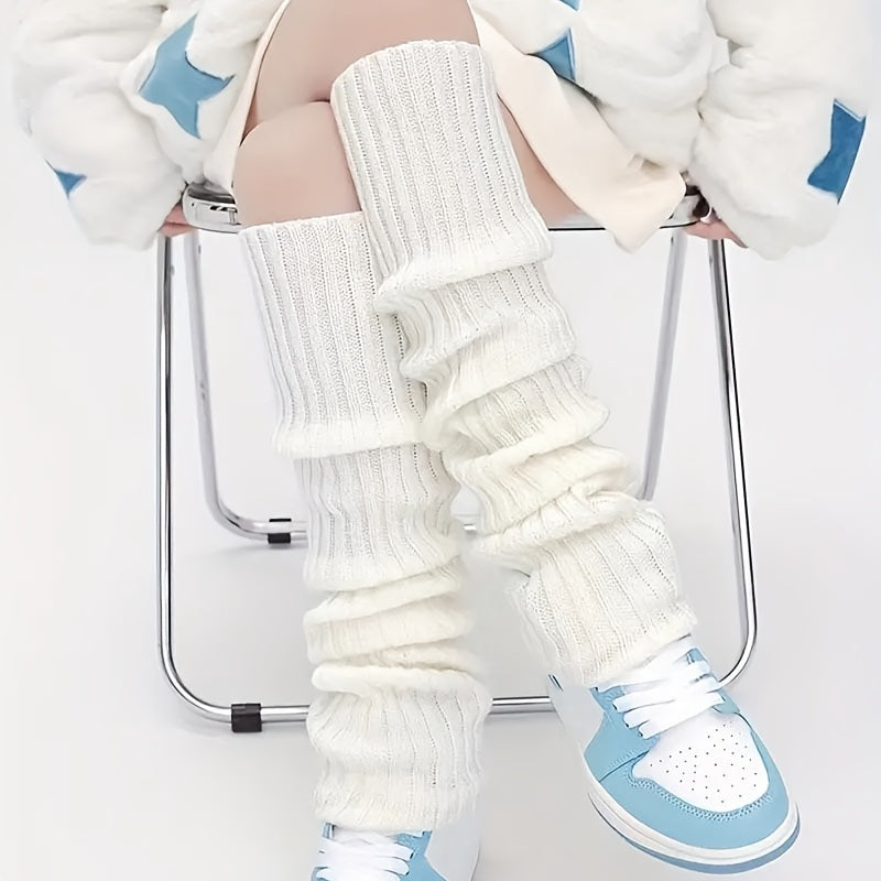 Long Knitted Leg Warmers with Slimming Stripes for Autumn Winter Over-the-Knee Polyester
