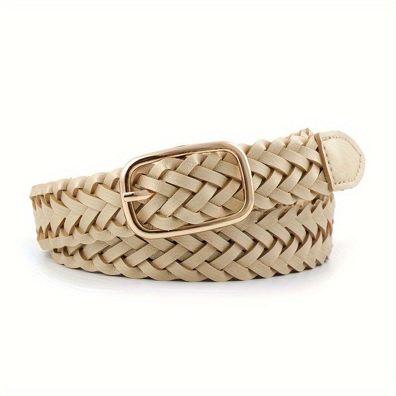 Women’s Woven Leather Belt Square Buckle for Coats and Jeans