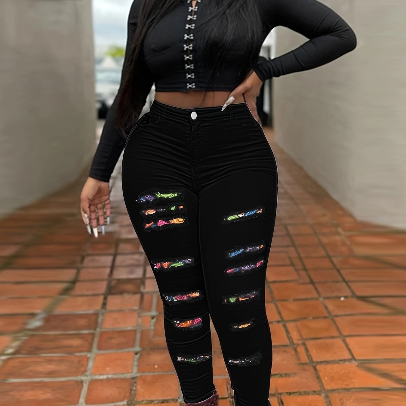 Plus-Size Women's High-Waisted Ripped Denim Skinny Jeans with Color Block Patchwork