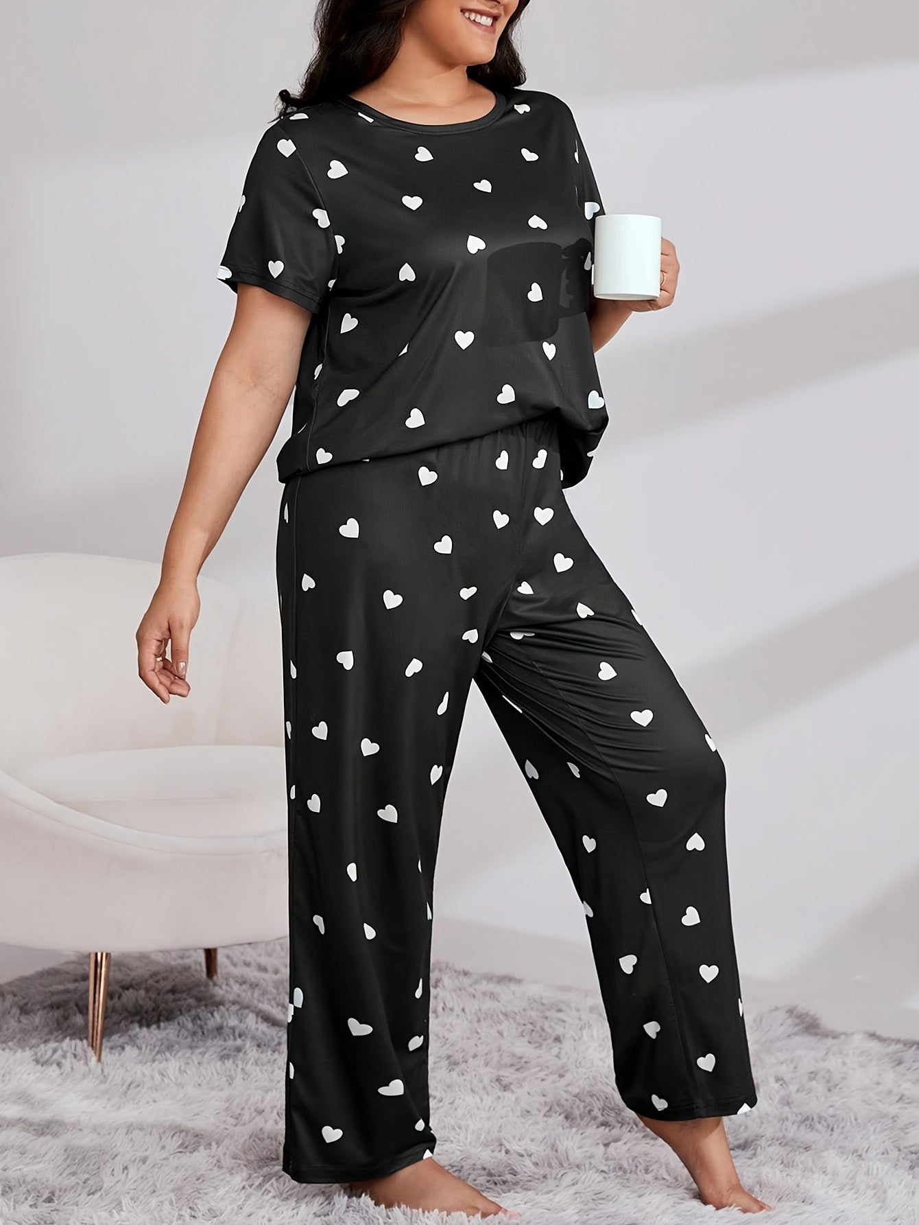 Женский комплект ночной одежды больших размеров с принтом "сердечная волна", короткий рукав, длинные штаны, пижама