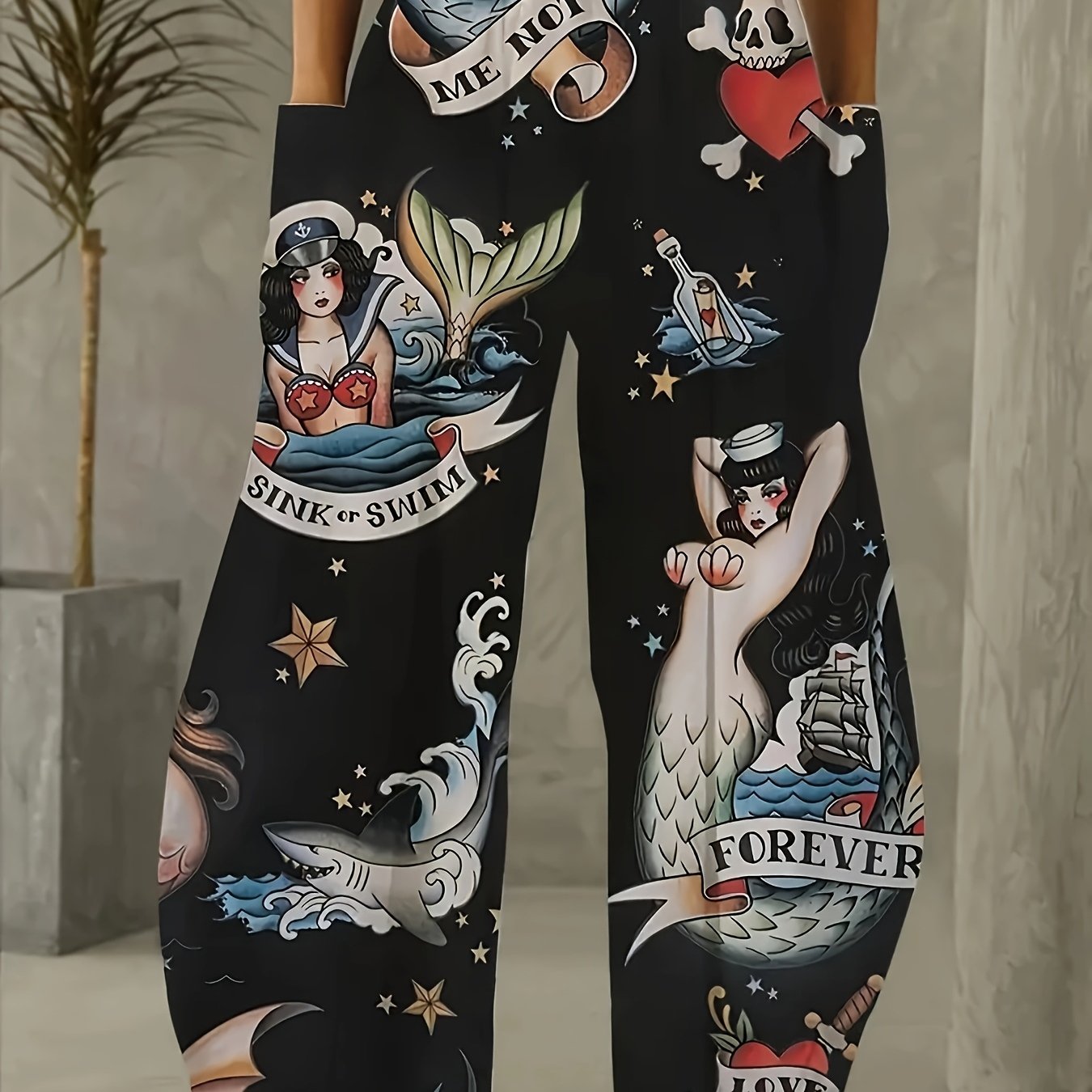 Plus Size Women's Polyester Knit Mermaid Print Wide Leg Pants with Pockets