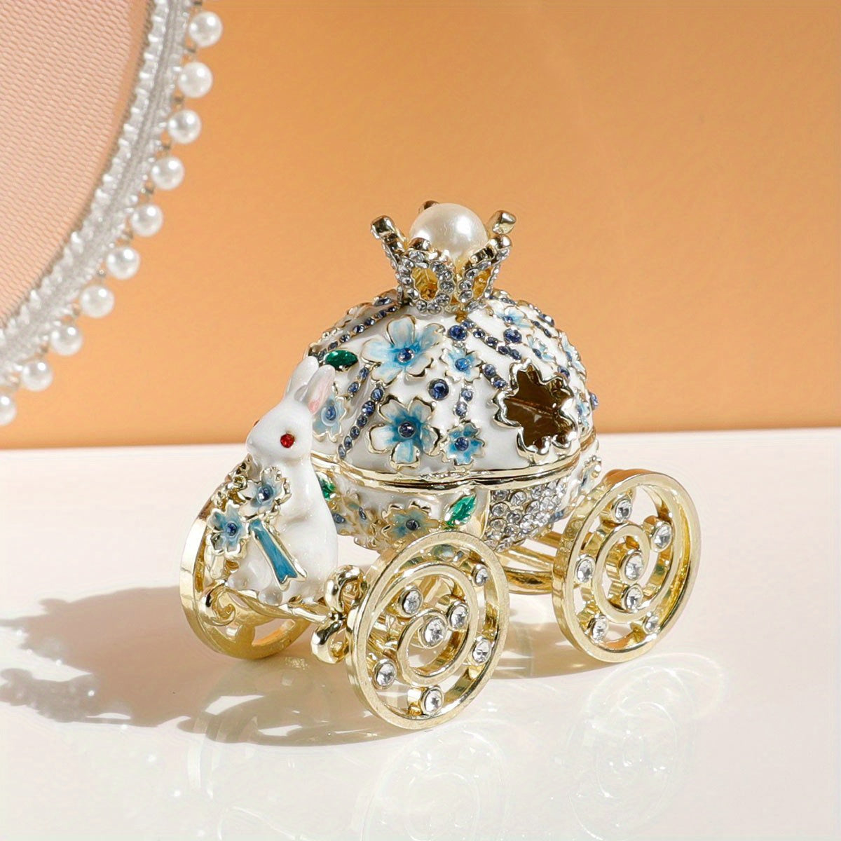 Pink Cherry Blossom Rabbit Jewelry Box Enamel Alloy with Magnetic Closure and Crystal Ring Holder