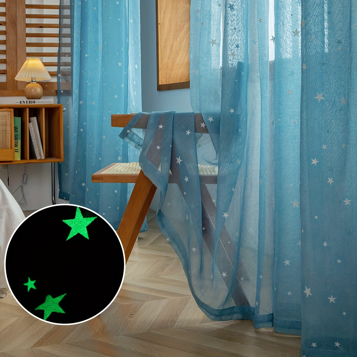 Pastoral Style Curtains with Luminous Star Pattern for Bedroom Living Room Office Kitchen